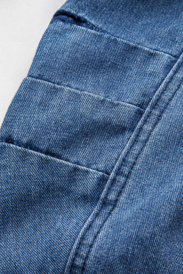 Denim Patchwork Button Round Neck Pocket Ceket