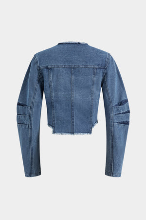 Denim Patchwork Button Round Neck Pocket Ceket