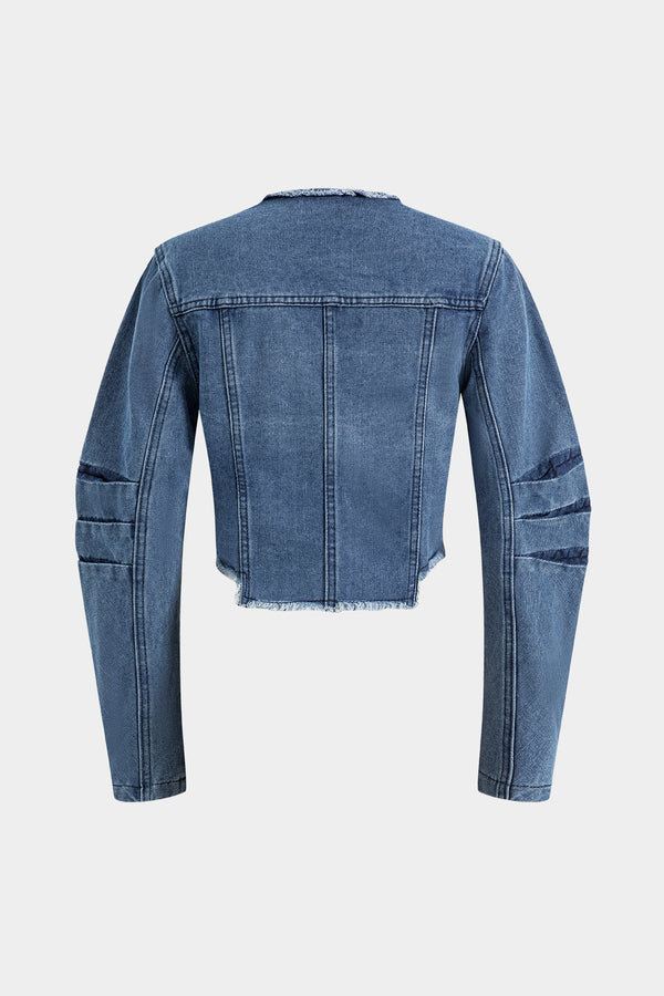 Denim Patchwork Button Round Neck Pocket Ceket