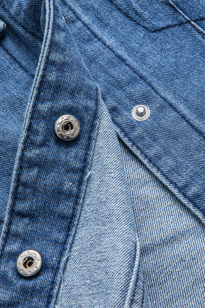 Denim Patchwork Button Round Neck Pocket Ceket