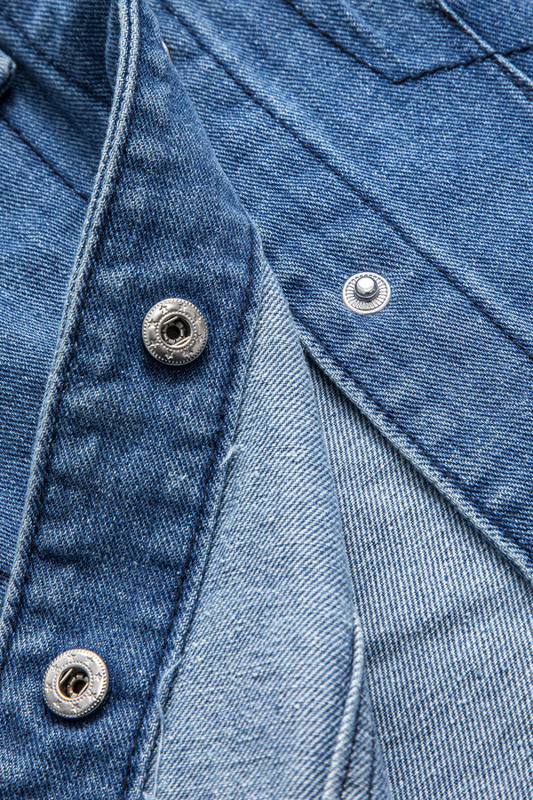 Denim Patchwork Button Round Neck Pocket Ceket