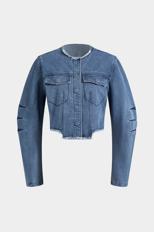 Denim Patchwork Button Round Neck Pocket Ceket
