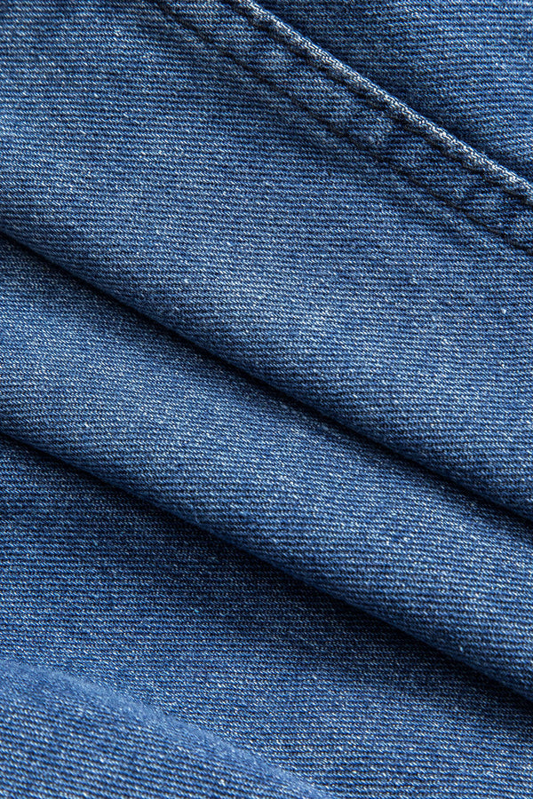 Denim Patchwork Button Round Neck Pocket Ceket